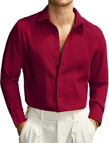 JOGAL Herren Hemd Langarm Regular Fit Button Down Freizeithemden Anzug Waffelhemd TiefRot XX-Large von JOGAL