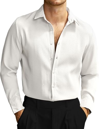 JOGAL Herren Hemd Langarm Regular Fit Button Down Freizeithemden Anzug Waffelhemd Weiß X-Large von JOGAL