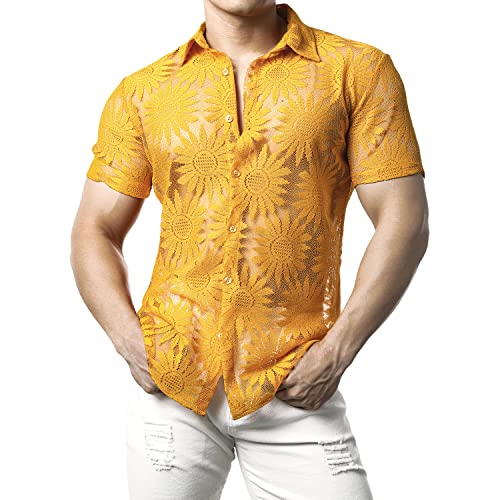 JOGAL Herren Hemd Transparent Kurzarm Freizeithemd Männer Spitzenhemd Sommer Lässig Lace Shirt Outfit Gelb XXL von JOGAL