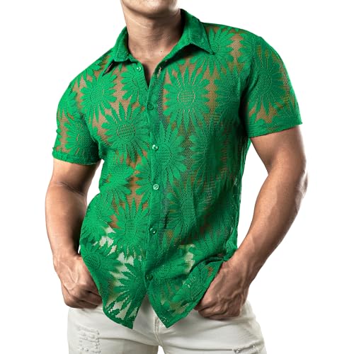 JOGAL Herren Hemd Transparent Kurzarm Freizeithemd Männer Spitzenhemd Sommer Lässig Lace Shirt Outfit GrüneSonnenblume X-Large von JOGAL