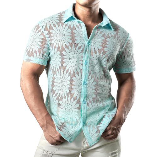 JOGAL Herren Hemd Transparent Kurzarm Freizeithemd Männer Spitzenhemd Sommer Lässig Lace Shirt Outfit HimmelsSonnenblume XX-Large von JOGAL