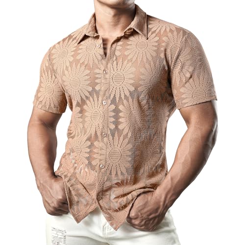 JOGAL Herren Hemd Transparent Kurzarm Freizeithemd Männer Spitzenhemd Sommer Lässig Lace Shirt Outfit KhakiSonnenblume X-Large von JOGAL