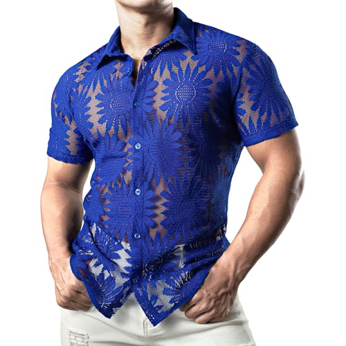 JOGAL Herren Hemd Transparent Kurzarm Freizeithemd Männer Spitzenhemd Sommer Lässig Lace Shirt Outfit KöniglicheSonnenblume Mittel von JOGAL