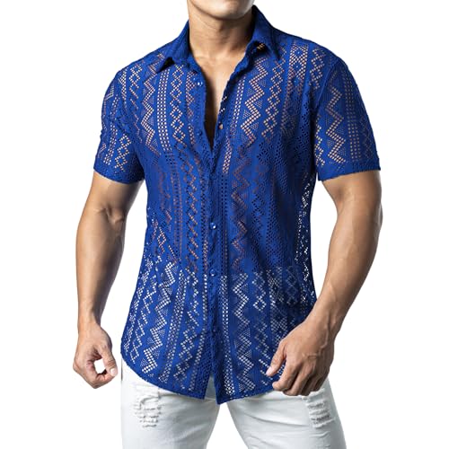 JOGAL Herren Hemd Transparent Kurzarm Freizeithemd Männer Spitzenhemd Sommer Lässig Lace Shirt Outfit Königsblau Groß von JOGAL