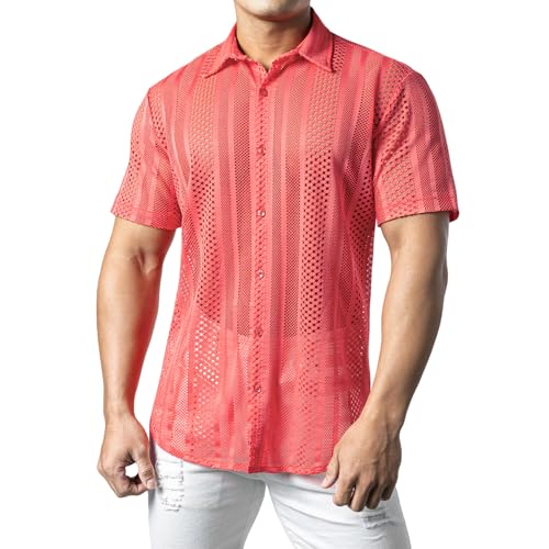 JOGAL Herren Hemd Transparent Kurzarm Freizeithemd Männer Spitzenhemd Sommer Lässig Lace Shirt Outfit Korallenrot XX-Large von JOGAL