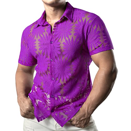 JOGAL Herren Hemd Transparent Kurzarm Freizeithemd Männer Spitzenhemd Sommer Lässig Lace Shirt Outfit LilaSonnenblume XX-Large von JOGAL
