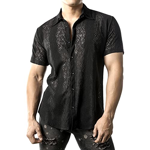 JOGAL Herren Hemd Transparent Kurzarm Freizeithemd Männer Spitzenhemd Sommer Lässig Lace Shirt Outfit Schwarz Blätter S von JOGAL