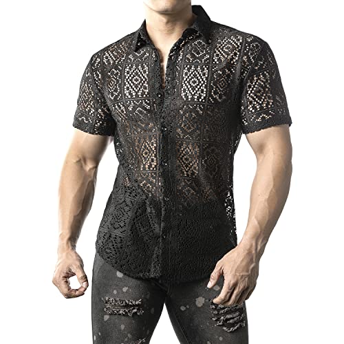 JOGAL Herren Hemd Transparent Kurzarm Freizeithemd Männer Spitzenhemd Sommer Lässig Lace Shirt Outfit Schwarz Block M von JOGAL