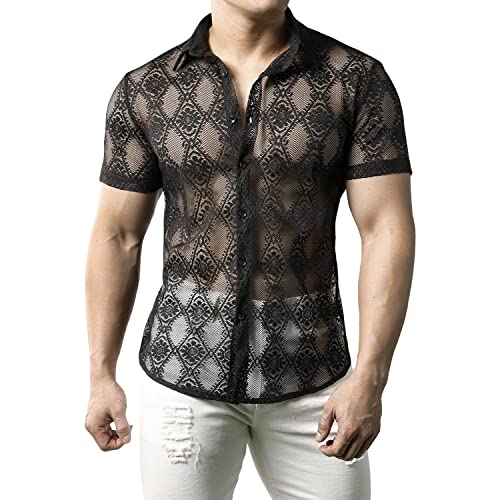 JOGAL Herren Hemd Transparent Kurzarm Freizeithemd Männer Spitzenhemd Sommer Lässig Lace Shirt Outfit Schwarz Blumen L von JOGAL