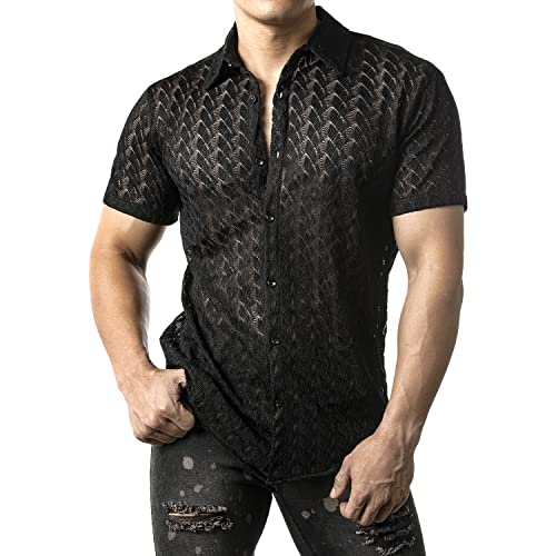 JOGAL Herren Hemd Transparent Kurzarm Freizeithemd Männer Spitzenhemd Sommer Lässig Lace Shirt Outfit Schwarz L von JOGAL