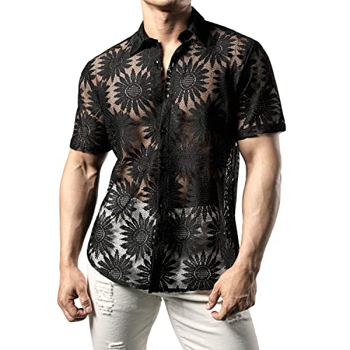 JOGAL Herren Hemd Transparent Kurzarm Freizeithemd Männer Spitzenhemd Sommer Lässig Lace Shirt Outfit Schwarz Sonnenblume XL von JOGAL