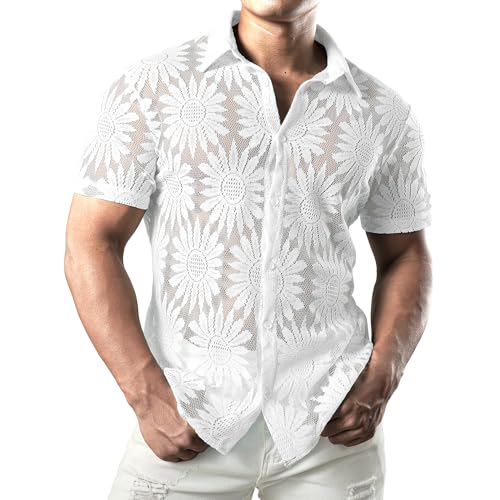 JOGAL Herren Hemd Transparent Kurzarm Freizeithemd Männer Spitzenhemd Sommer Lässig Lace Shirt Outfit SonnenblumeWeiß Mittel von JOGAL