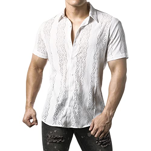 JOGAL Herren Hemd Transparent Kurzarm Freizeithemd Männer Spitzenhemd Sommer Lässig Lace Shirt Outfit Weiß Blätter L von JOGAL