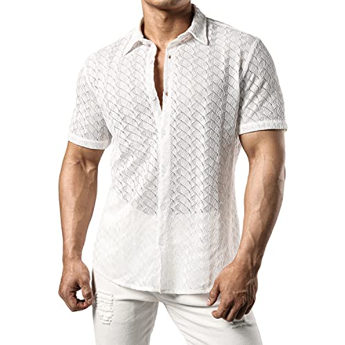 JOGAL Herren Hemd Transparent Kurzarm Freizeithemd Männer Spitzenhemd Sommer Lässig Lace Shirt Outfit Weiß M von JOGAL