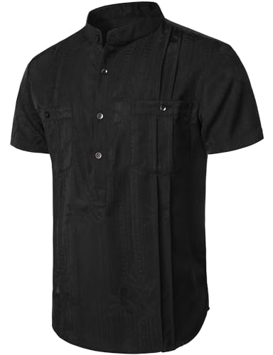 JOGAL Herren Henley Shirt Kurzarm Hemd Sommer Freizeithemd Mit Tasche Männer Regular Fit Stehkragen T-Shirts Schwarz L von JOGAL
