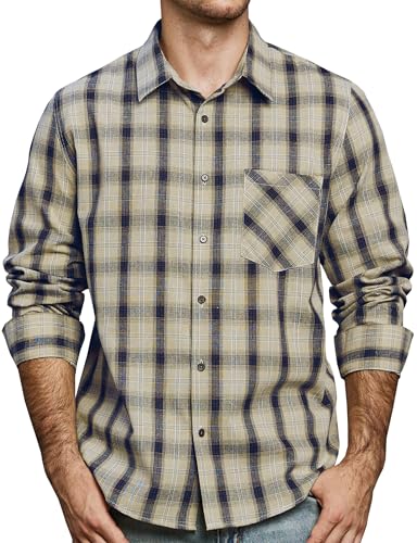 JOGAL Herren Kariertes Hemd Langarm Regular Fit Trachtenhemd Button Down Baumwolle Freizeithemd mit Tasche Beige Groß von JOGAL