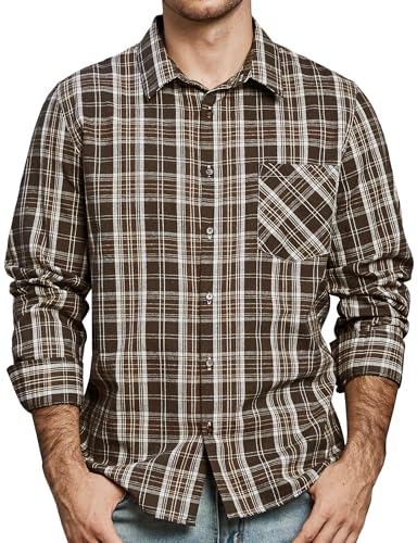JOGAL Herren Kariertes Hemd Langarm Regular Fit Trachtenhemd Button Down Baumwolle Freizeithemd mit Tasche Braun X-Large von JOGAL