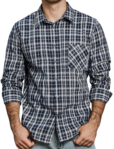 JOGAL Herren Kariertes Hemd Langarm Regular Fit Trachtenhemd Button Down Baumwolle Freizeithemd mit Tasche Marine 3X-Large von JOGAL
