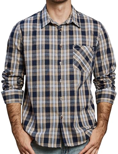 JOGAL Herren Kariertes Hemd Langarm Regular Fit Trachtenhemd Button Down Baumwolle Freizeithemd mit Tasche MarineBeige 3X-Large von JOGAL
