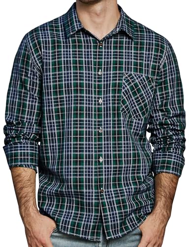 JOGAL Herren Kariertes Hemd Langarm Regular Fit Trachtenhemd Button Down Baumwolle Freizeithemd mit Tasche MarineGrün 3X-Large von JOGAL
