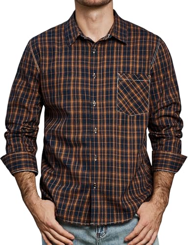 JOGAL Herren Kariertes Hemd Langarm Regular Fit Trachtenhemd Button Down Baumwolle Freizeithemd mit Tasche MarineOrange XX-Large von JOGAL