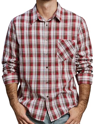 JOGAL Herren Kariertes Hemd Langarm Regular Fit Trachtenhemd Button Down Baumwolle Freizeithemd mit Tasche Rot XX-Large von JOGAL