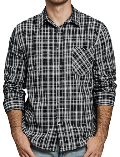 JOGAL Herren Kariertes Hemd Langarm Regular Fit Trachtenhemd Button Down Baumwolle Freizeithemd mit Tasche Schwarz 3X-Large von JOGAL