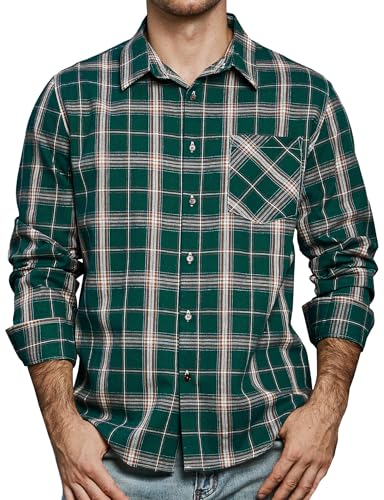 JOGAL Herren Kariertes Hemd Langarm Regular Fit Trachtenhemd Button Down Baumwolle Freizeithemd mit Tasche Tiefgrün XX-Large von JOGAL