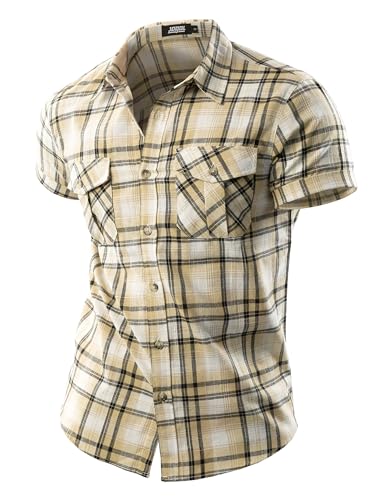 JOGAL Herren Kariertes Kurzarm Baumwolle Leinenhemd Regular Fit Sommer Freizeithemd mit Taschen Anzughemd Button Down Arbeitshemd Khaki XX-Large von JOGAL