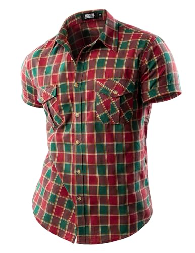 JOGAL Herren Kariertes Kurzarm Baumwolle Leinenhemd Regular Fit Sommer Freizeithemd mit Taschen Anzughemd Button Down Arbeitshemd Rot Grün XX-Large von JOGAL