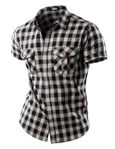 JOGAL Herren Kariertes Kurzarm Baumwolle Leinenhemd Regular Fit Sommer Freizeithemd mit Taschen Anzughemd Button Down Arbeitshemd Schwarz Groß von JOGAL