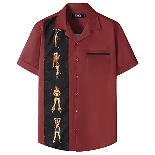 JOGAL Herren Kurzarm Freizeithemd mit Tasche Hawaii Print Hemd Männer Regular Fit Sommerhemd Schwarz Rot M von JOGAL