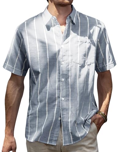 JOGAL Herren Kurzarm Gestreift Leinenhemd Regular Fit Button Down Strand Freizeithemd Grau Groß JOGAL Herren Kurzarm Gestreift Leinenhemd Regular Fit Button Down Strand Freizeithemd Grau Groß von JOGAL