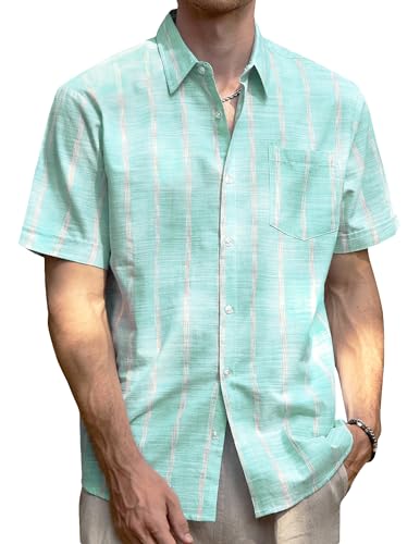 JOGAL Herren Kurzarm Gestreift Leinenhemd Regular Fit Button Down Strand Freizeithemd Grün X-Large von JOGAL