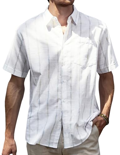 JOGAL Herren Kurzarm Gestreift Leinenhemd Regular Fit Button Down Strand Freizeithemd Weiß Klein von JOGAL