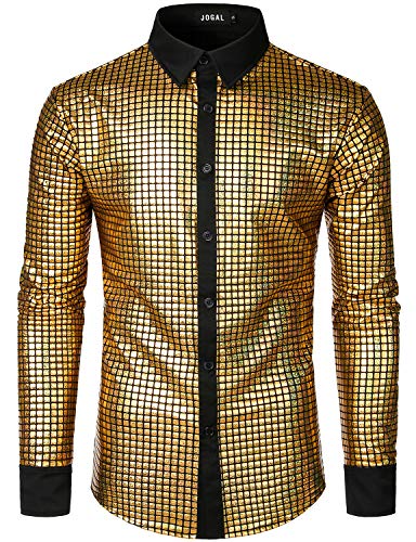 JOGAL Herren Langarm Pailletten Kleid Glitzer Hemd 70er Disco Party Kustüm Gold Groß von JOGAL