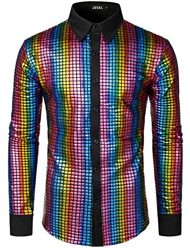 JOGAL Herren Langarm Pailletten Kleid Glitzer Hemd 70er Disco Party Kustüm Multicolour Groß von JOGAL