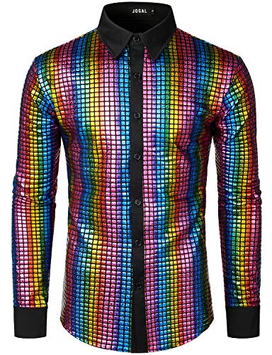 JOGAL Herren Langarm Pailletten Kleid Glitzer Hemd 70er Disco Party Kustüm Multicolour Klein von JOGAL