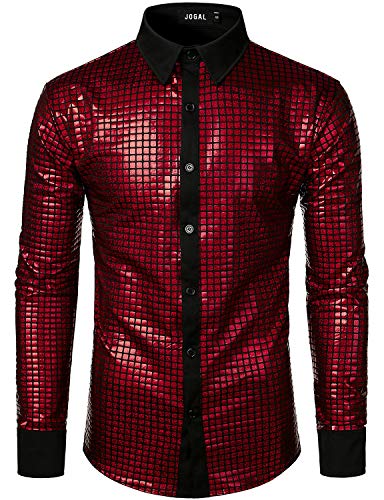 JOGAL Herren Langarm Pailletten Kleid Glitzer Hemd 70er Disco Party Kustüm Rot Klein von JOGAL