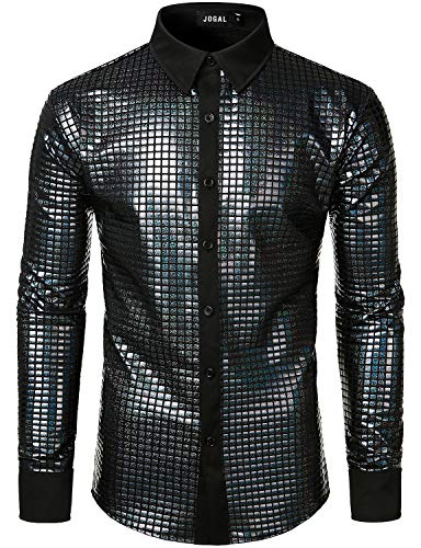 JOGAL Herren Langarm Pailletten Kleid Glitzer Hemd 70er Disco Party Kustüm Schwarz Klein von JOGAL