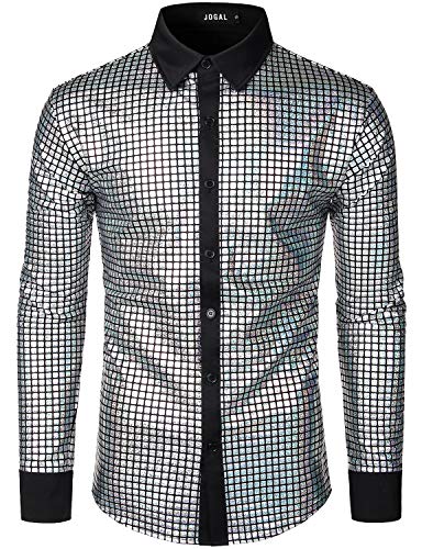 JOGAL Herren Langarm Pailletten Kleid Glitzer Hemd 70er Disco Party Kustüm Silver Klein von JOGAL