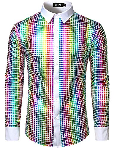 JOGAL Herren Langarm Pailletten Kleid Glitzer Hemd 70er Disco Party Kustüm Weiß Mehrfarbig Groß JOGAL Herren Langarm Pailletten Kleid Glitzer Hemd 70er Disco Party Kustüm Weiß Mehrfarbig Groß von JOGAL