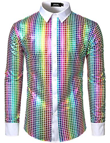 JOGAL Herren Langarm Pailletten Kleid Glitzer Hemd 70er Disco Party Kustüm Weiß Mehrfarbig Groß von JOGAL