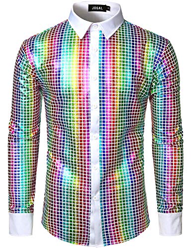JOGAL Herren Langarm Pailletten Kleid Glitzer Hemd 70er Disco Party Kustüm Weiß Mehrfarbig Klein von JOGAL