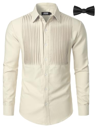 JOGAL Herren Langarm Smokinghemd Formelle Hemden Regular Fit Businesshemd Button Down Freizeithemd mit Fliege Champagner XX-Large von JOGAL