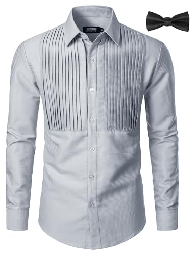 JOGAL Herren Langarm Smokinghemd Formelle Hemden Regular Fit Businesshemd Button Down Freizeithemd mit Fliege Grau XX-Large von JOGAL
