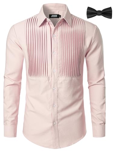JOGAL Herren Langarm Smokinghemd Formelle Hemden Regular Fit Businesshemd Button Down Freizeithemd mit Fliege Rosa Mittel von JOGAL