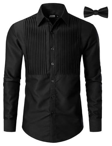 JOGAL Herren Langarm Smokinghemd Formelle Hemden Regular Fit Businesshemd Button Down Freizeithemd mit Fliege Schwarz XX-Large von JOGAL