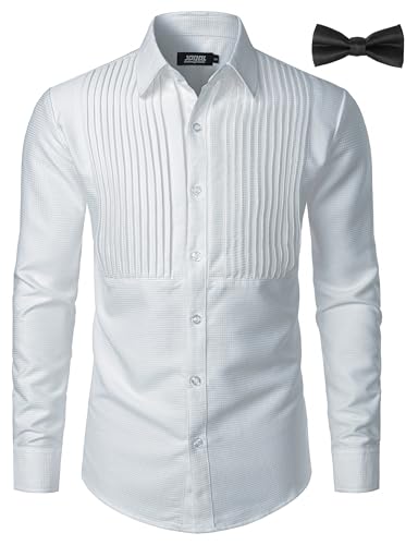 JOGAL Herren Langarm Smokinghemd Formelle Hemden Regular Fit Businesshemd Button Down Freizeithemd mit Fliege Weiß Klein von JOGAL