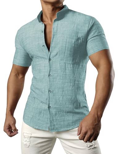 JOGAL Herren Leinenhemd Kurzarm Leinenshirt Regular Fit Sommerhemd Button Down Freizeithemd DenimBlau XX-Large von JOGAL